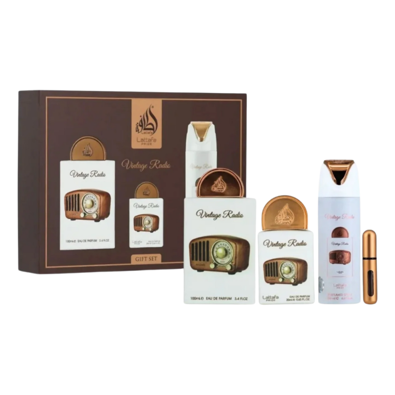 Coffret cadeau 3 pièces Lattafa Pride Vintage Radio : Eau de Parfum 100 ml + 20 ml + Déodorant 200 ml · Smarty Paris Beauté